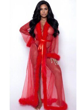 Be Wicked BW1650 Red Sheer Robe with Feather Trim